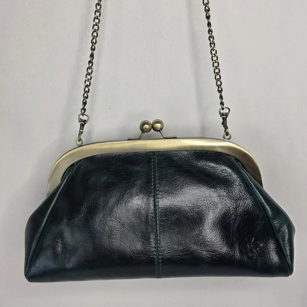 Patricia Nash Gisele Green Leather & Faux Fur Clutch Crossbody Frame Purse NWOT‎